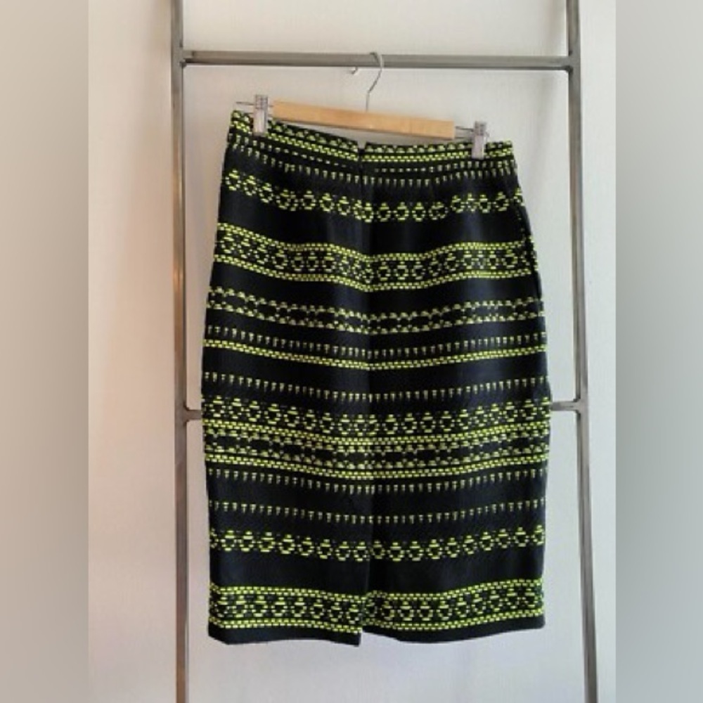 J. Crew Black Pencil Skirt with Neon Yellow Stripe Pattern